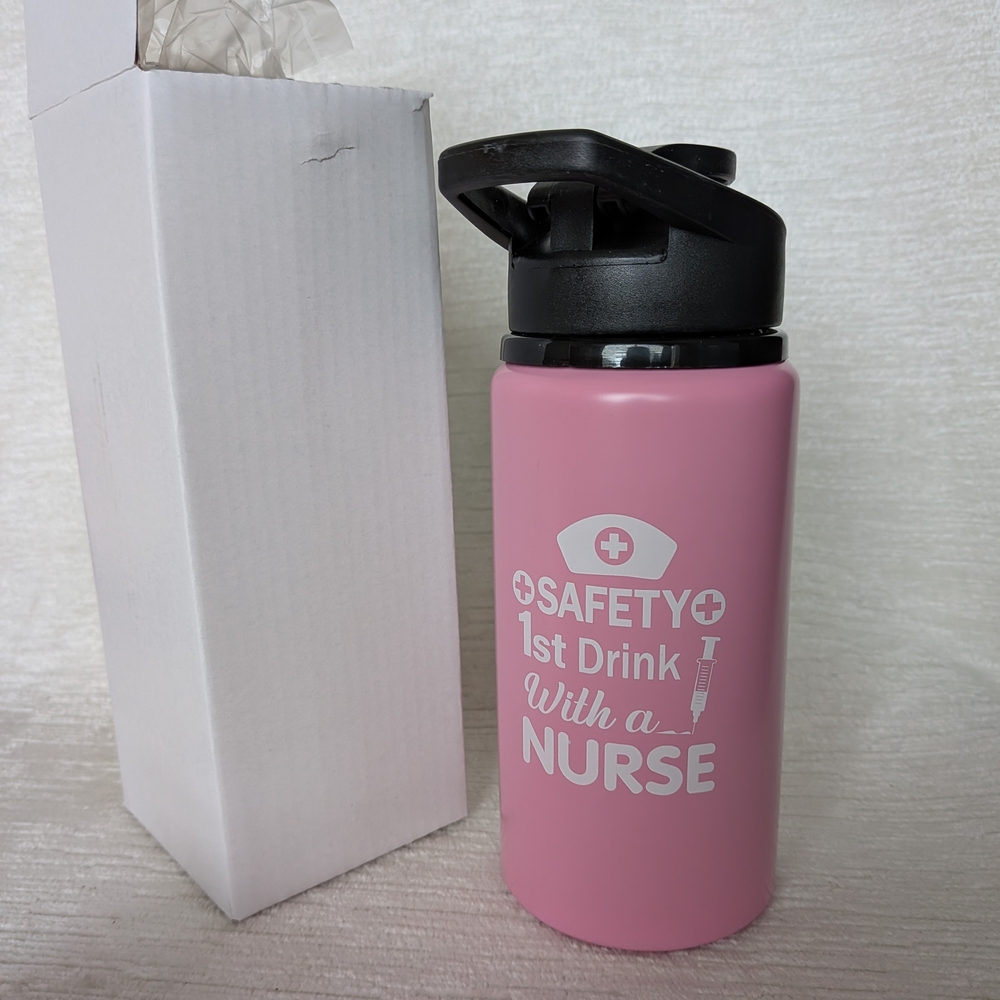 Metal Water Bottle 16oz Pink Nurse Themed Black  Flip Lid Never Used